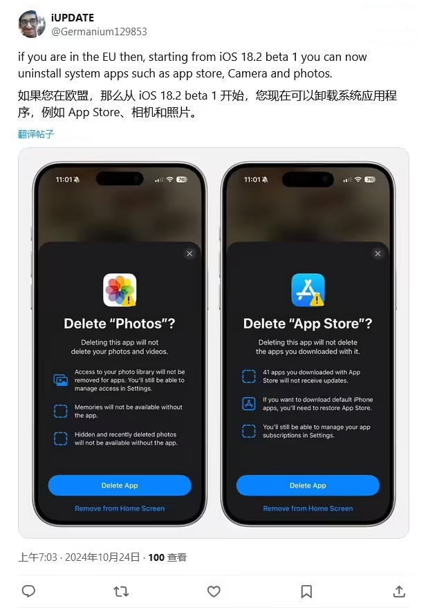 钦北苹果手机维修分享iOS 18.2 支持删除 App Store 应用商店 