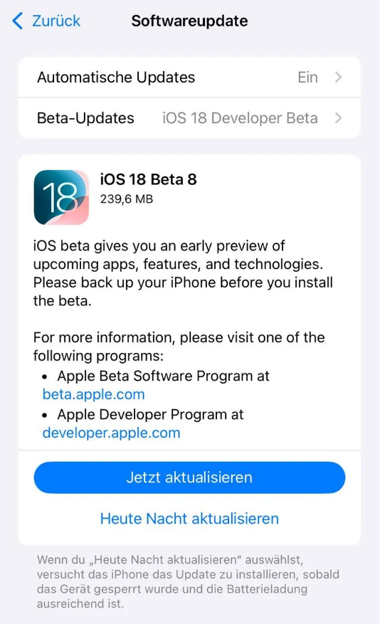 钦北苹果手机维修分享苹果 iOS / iPadOS 18 开发者预览版 Beta 8 发布 